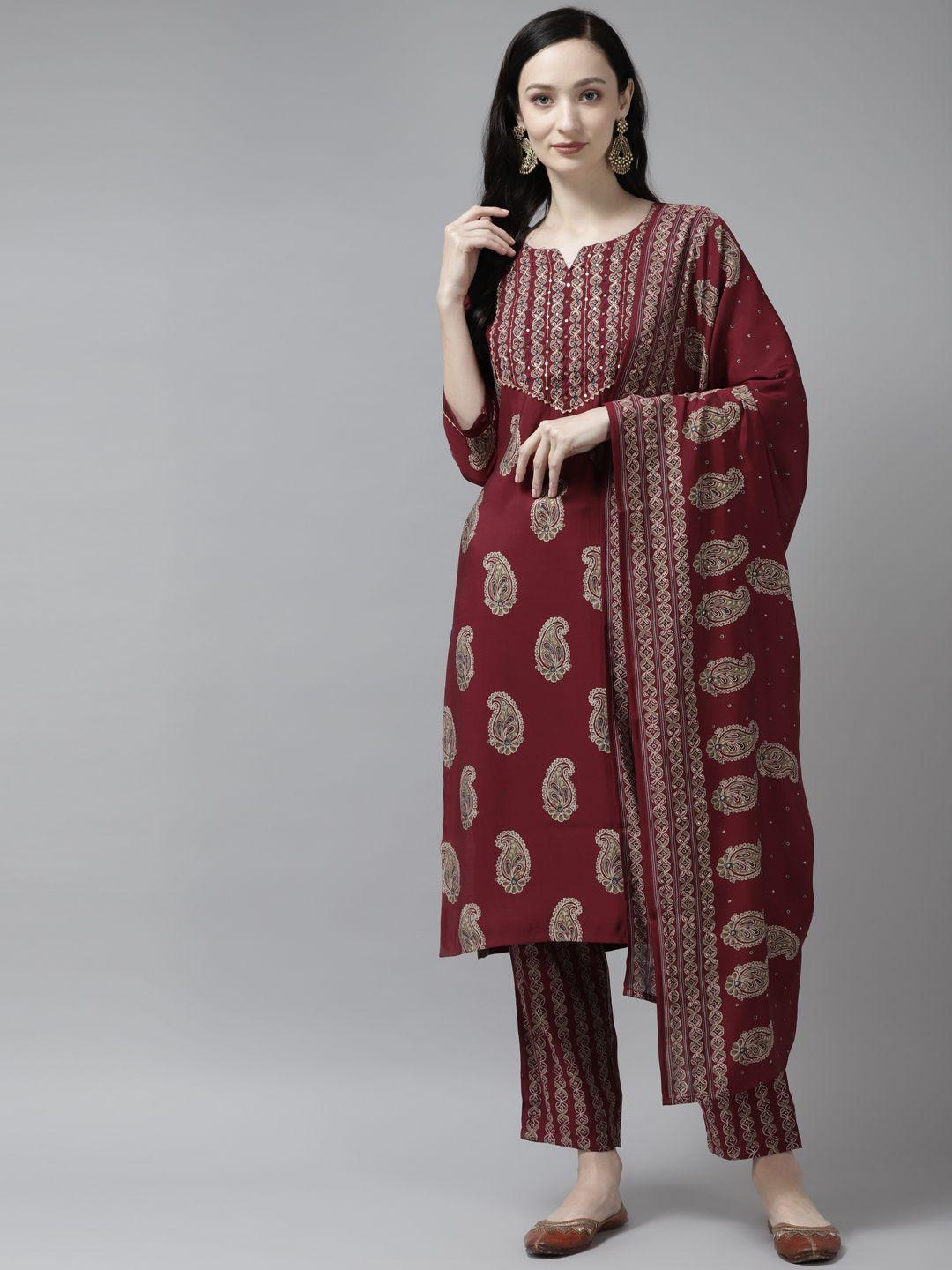 yufta women maroon paisley printed thread work kurta with trousers & with dupatta