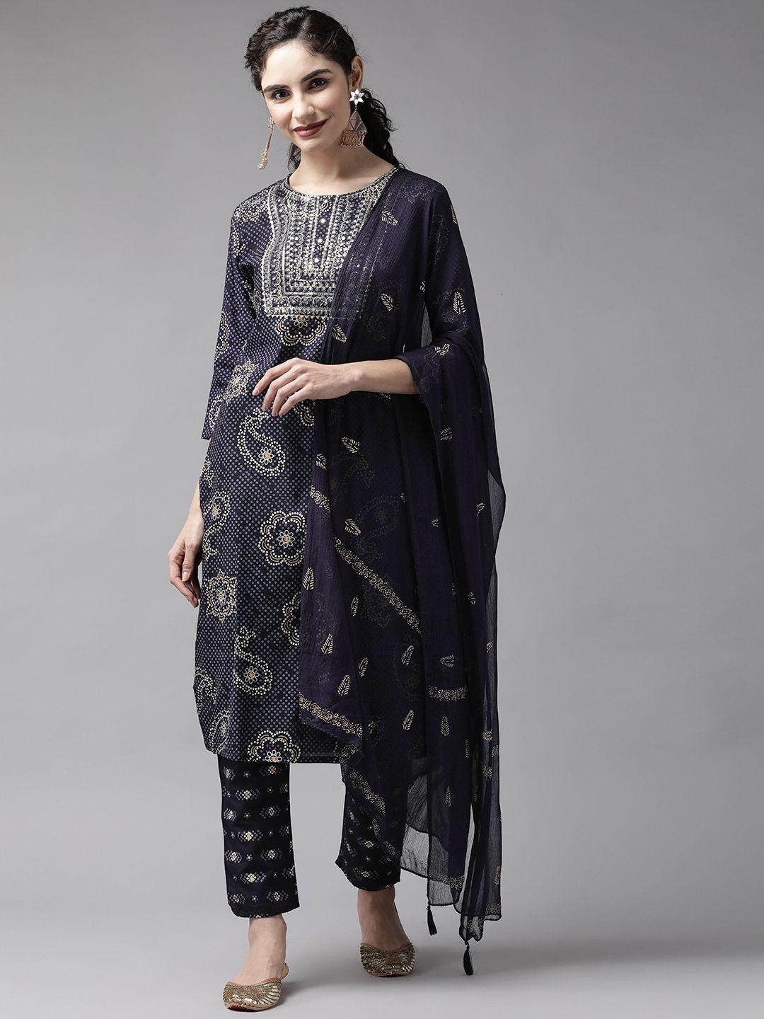 yufta women navy blue & off-white bandhani print gotta patti kurta with trousers & dupatta