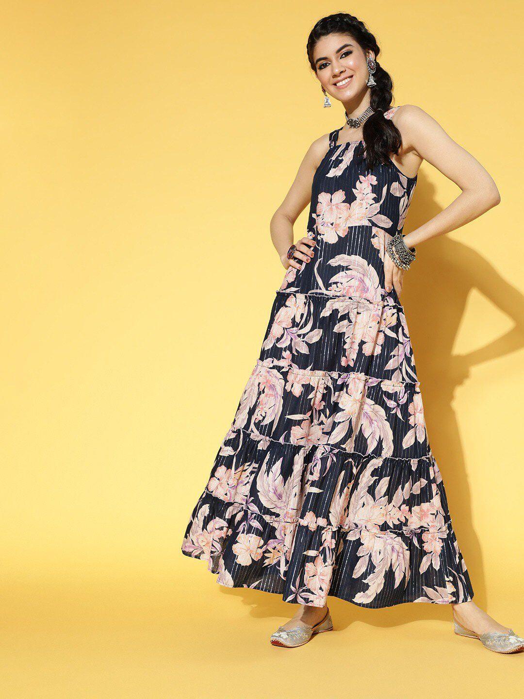 yufta women navy blue & pink floral printed pure cotton maxi dress