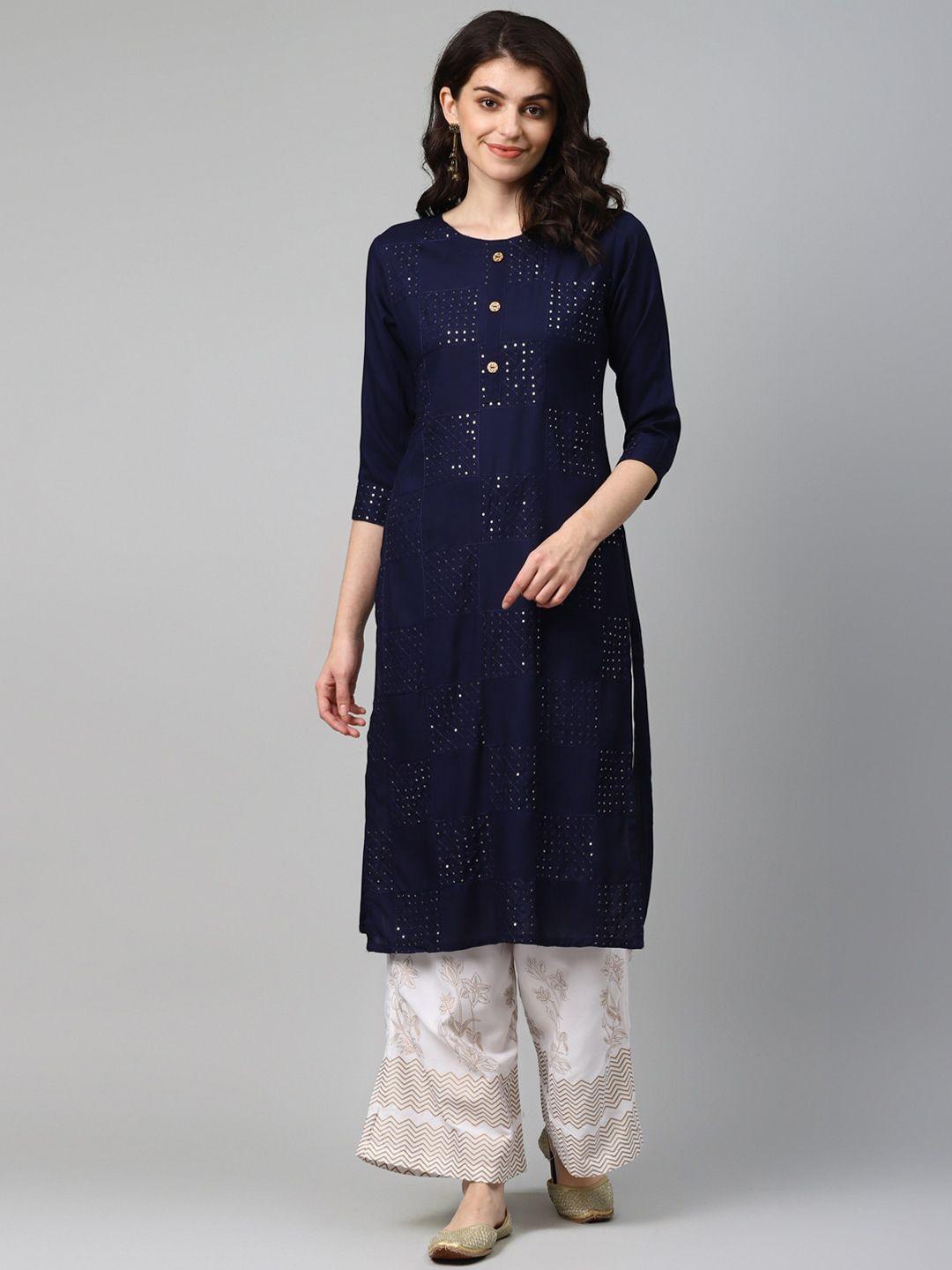 yufta women navy blue & white solid kurta with palazzos