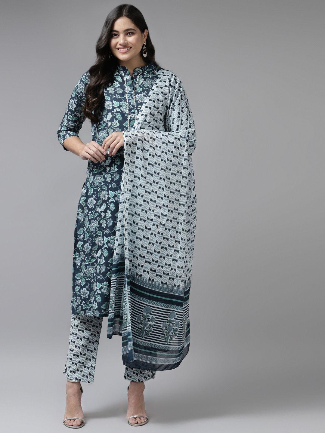 yufta women navy blue ethnic motifs printed gotta patti pure cotton kurta with trousers & with dupatta