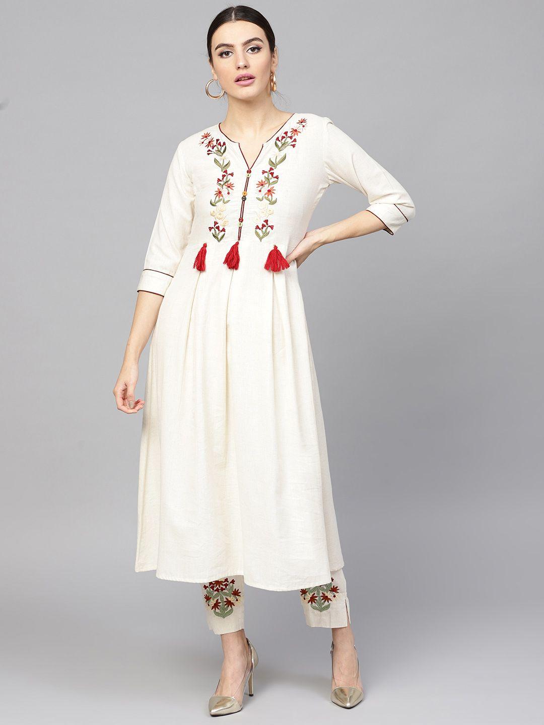 yufta women off-white & maroon embroidered kurta with trousers