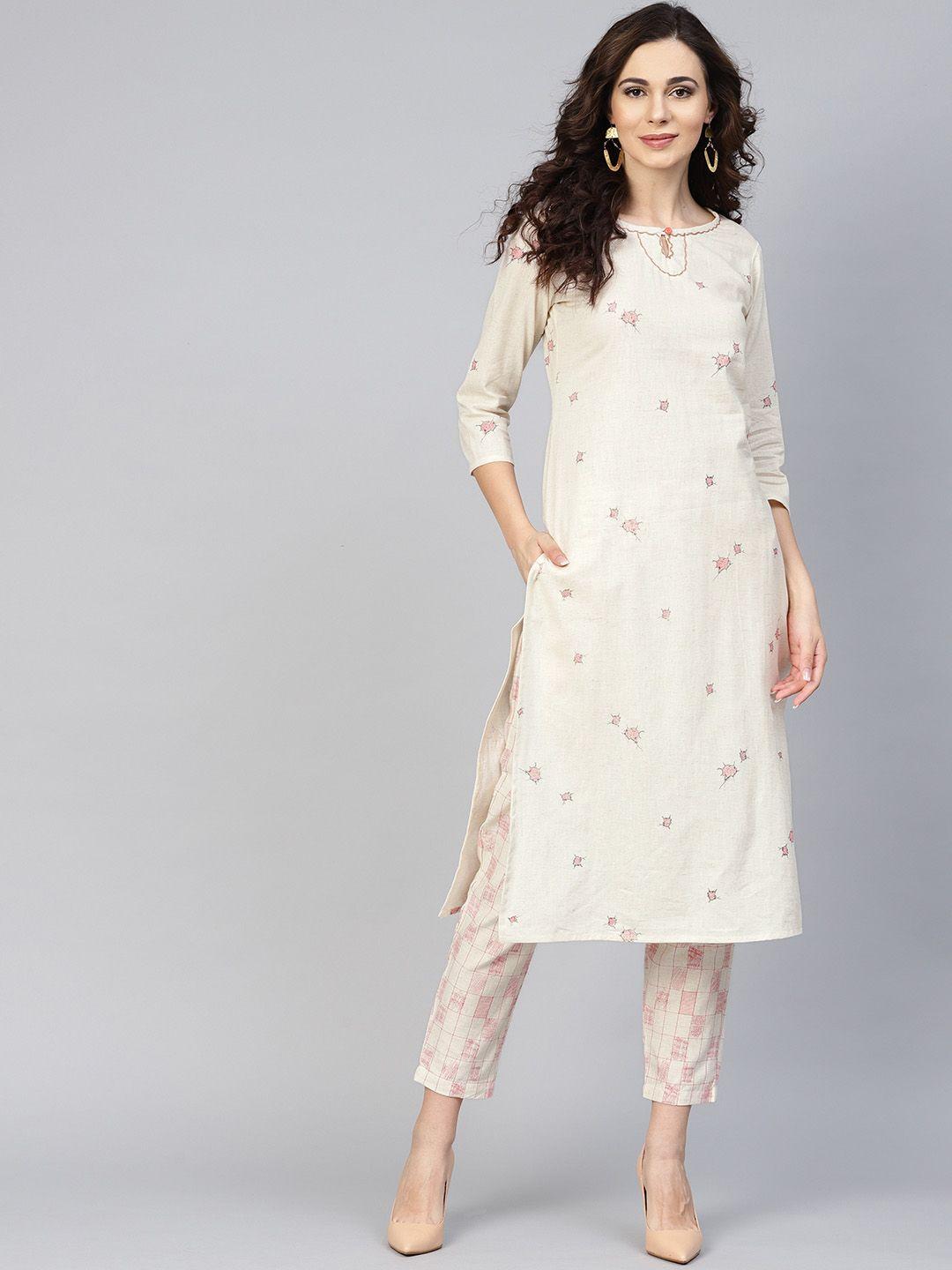 yufta women off-white printed kurta with trousers