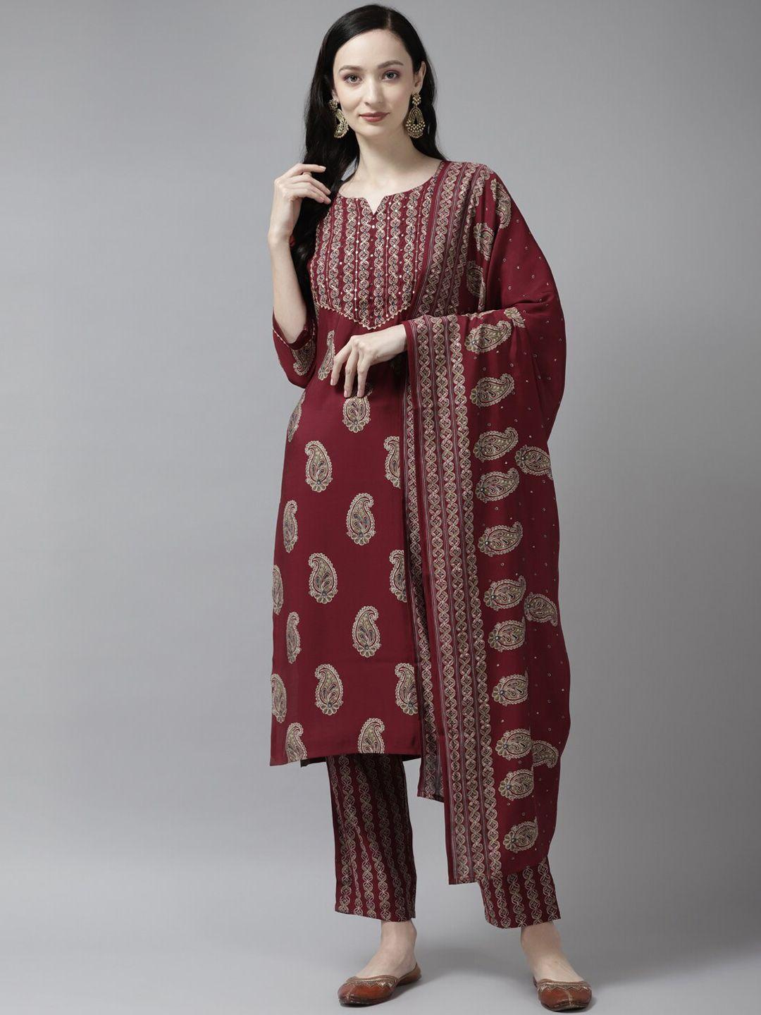 yufta women paisley printed regular gotta patti kurta with trousers & with dupatta