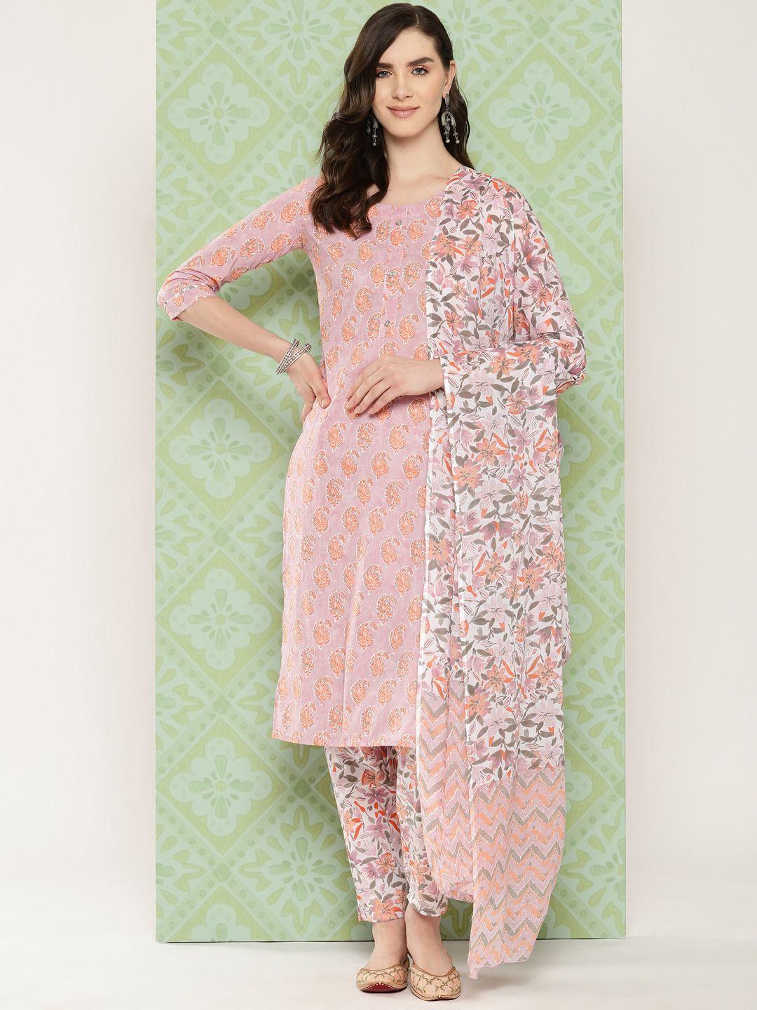 yufta women paisley printed regular pure cotton kurta with trousers & with dupatta