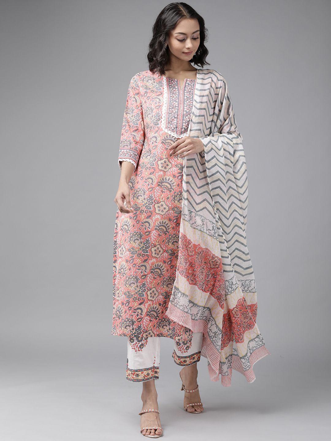 yufta women peach-colour ethnic motifs block print cotton kurta with palazzos & dupatta