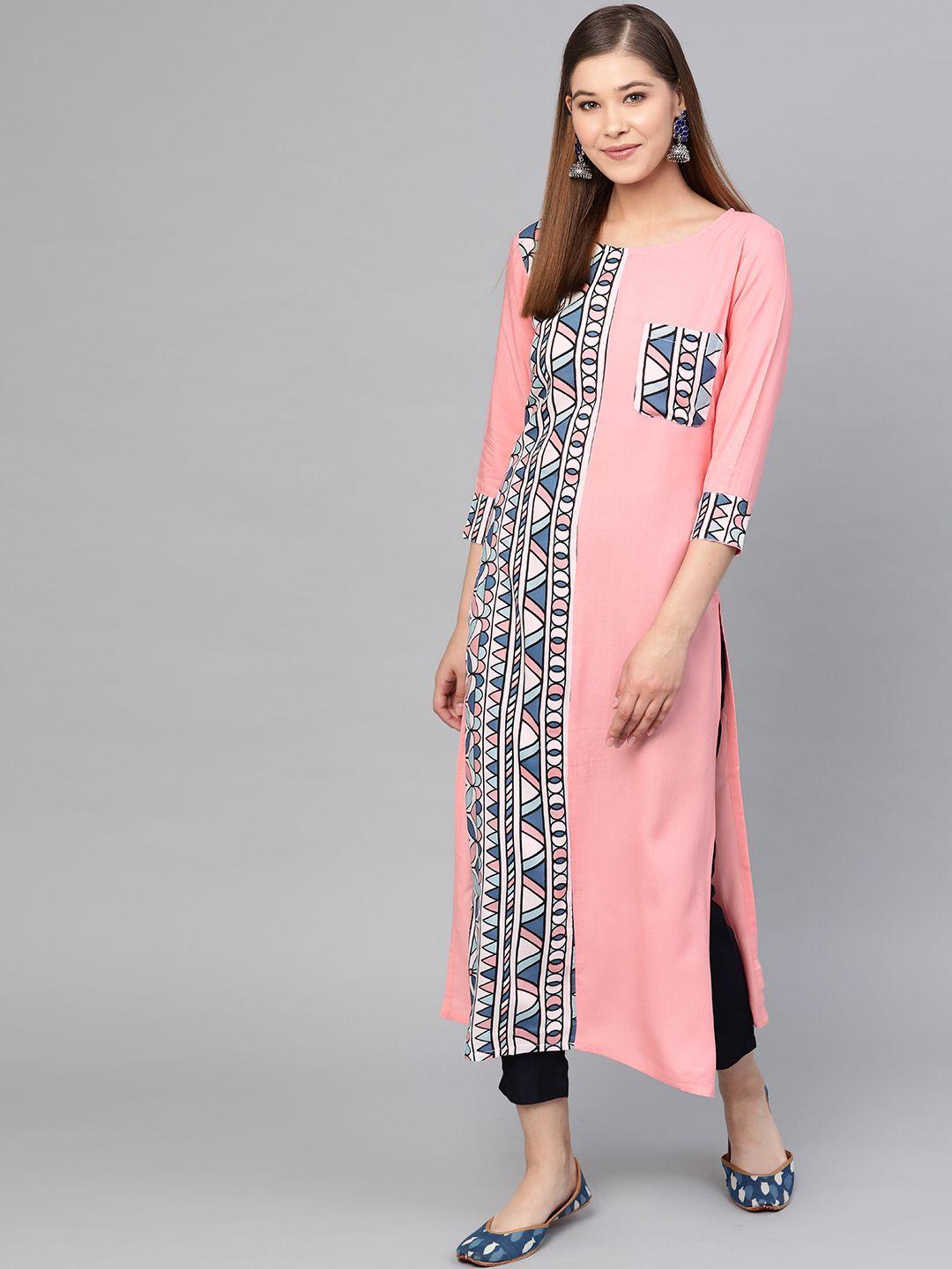 yufta women peach-coloured & blue printed straight kurta