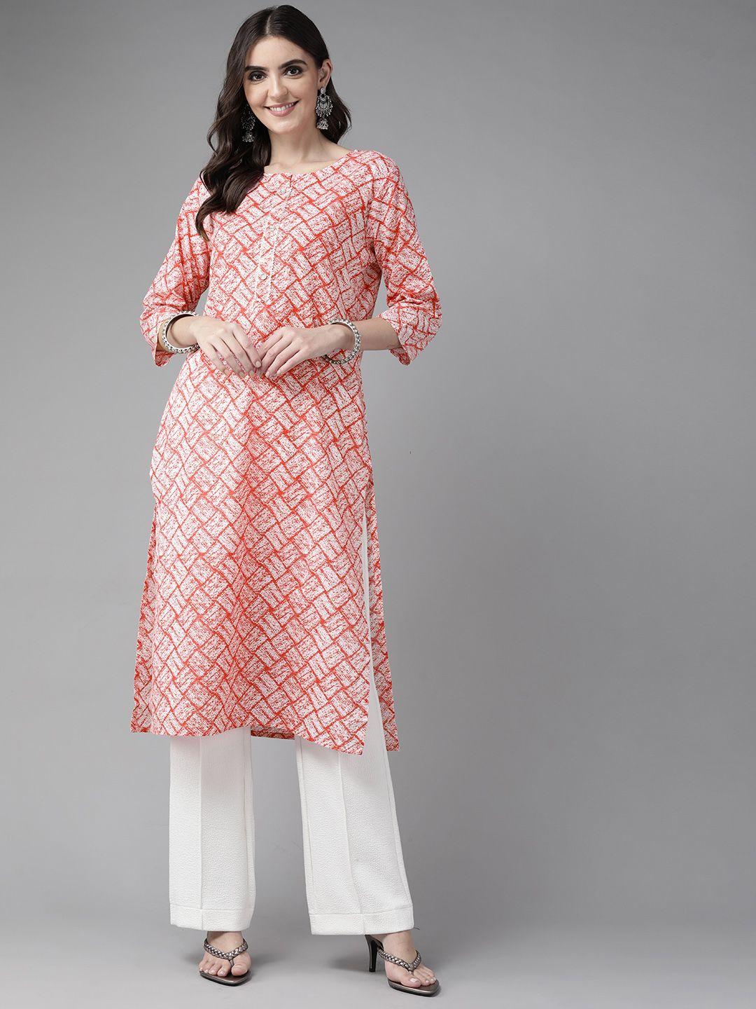 yufta women peach-coloured & white printed pure cotton straight kurta
