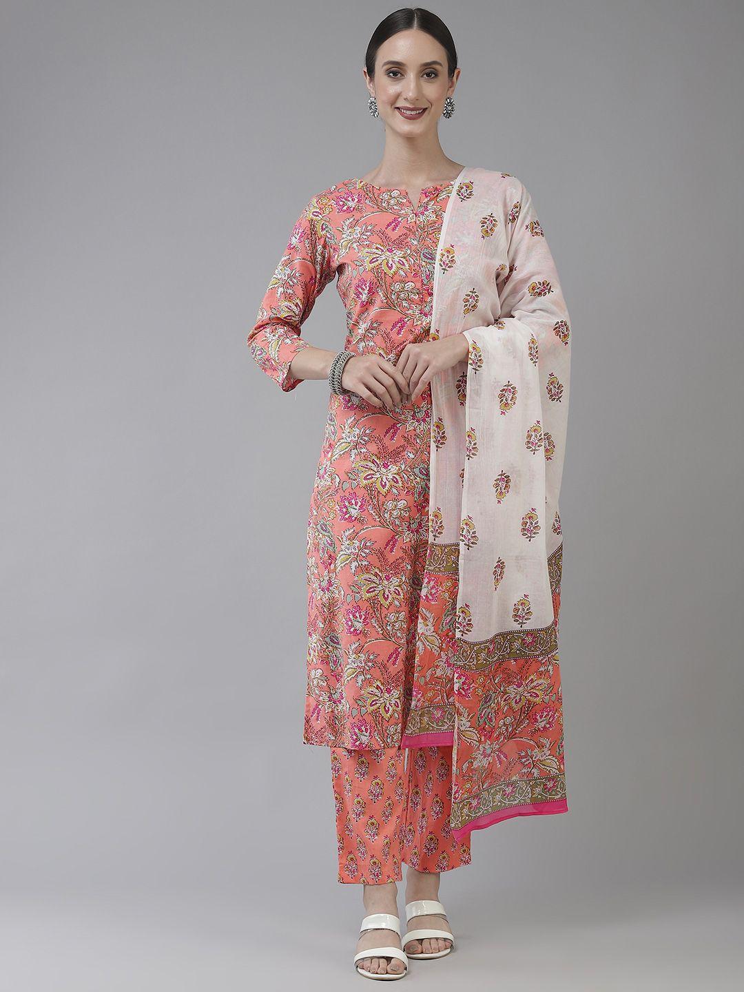 yufta women peach-coloured ethnic motifs printed pure cotton kurta with trousers & dupatta