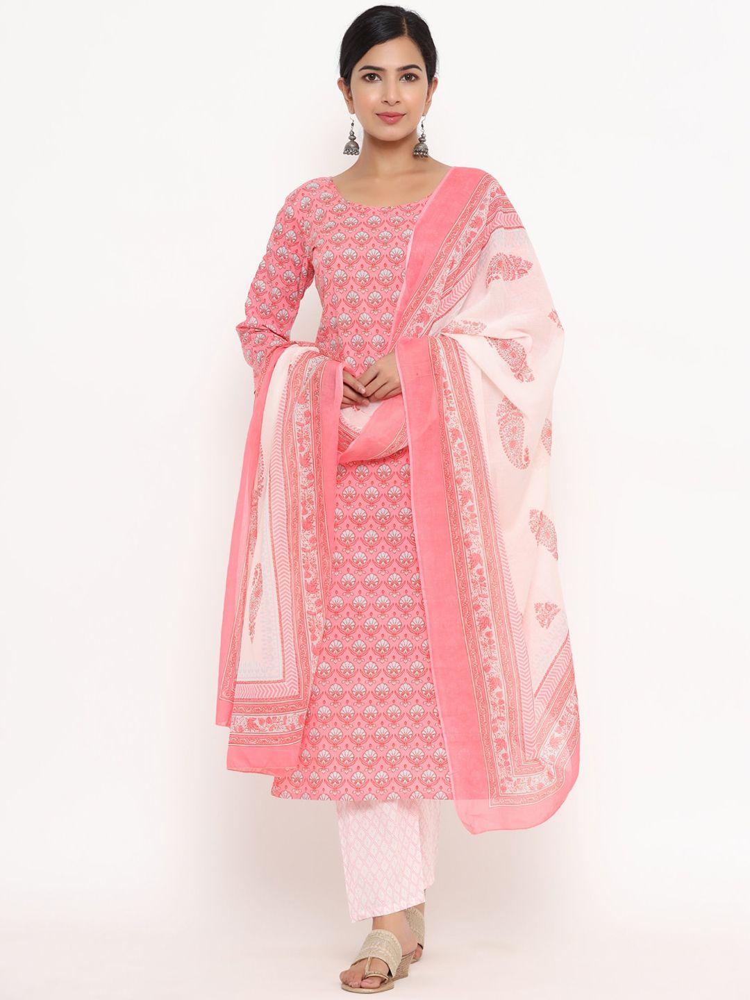 yufta women peach-coloured printed layered pure cotton kurta with trousers & with dupatta