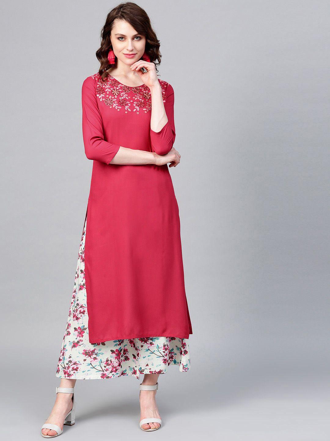 yufta women pink & sea green yoke design kurta with palazzos