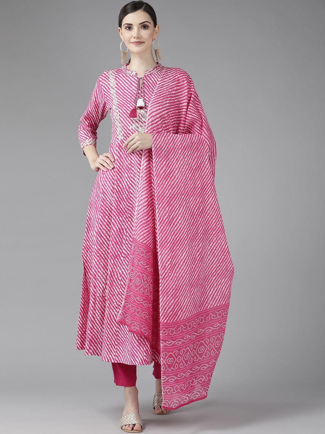 yufta women pink & white leheriya striped sequinned kurta with trousers & with dupatta