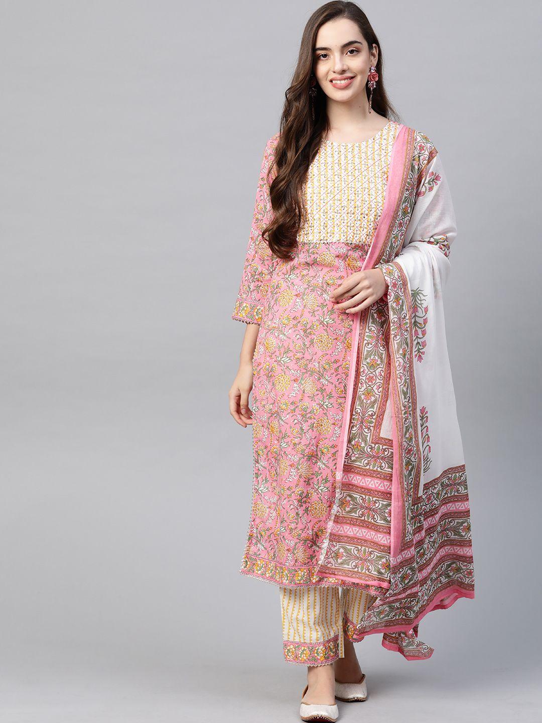 yufta women pink & yellow handblock printed pure cotton kurta with trousers & dupatta
