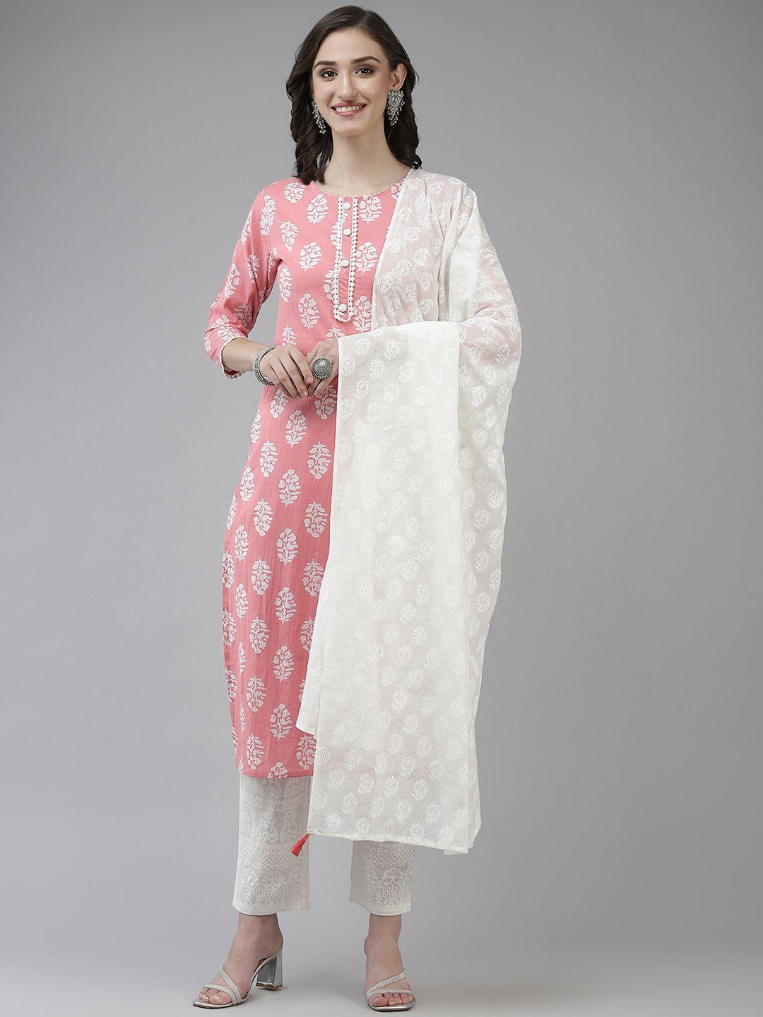 yufta women pink ethnic motifs printed pure cotton kurta with trousers & dupatta