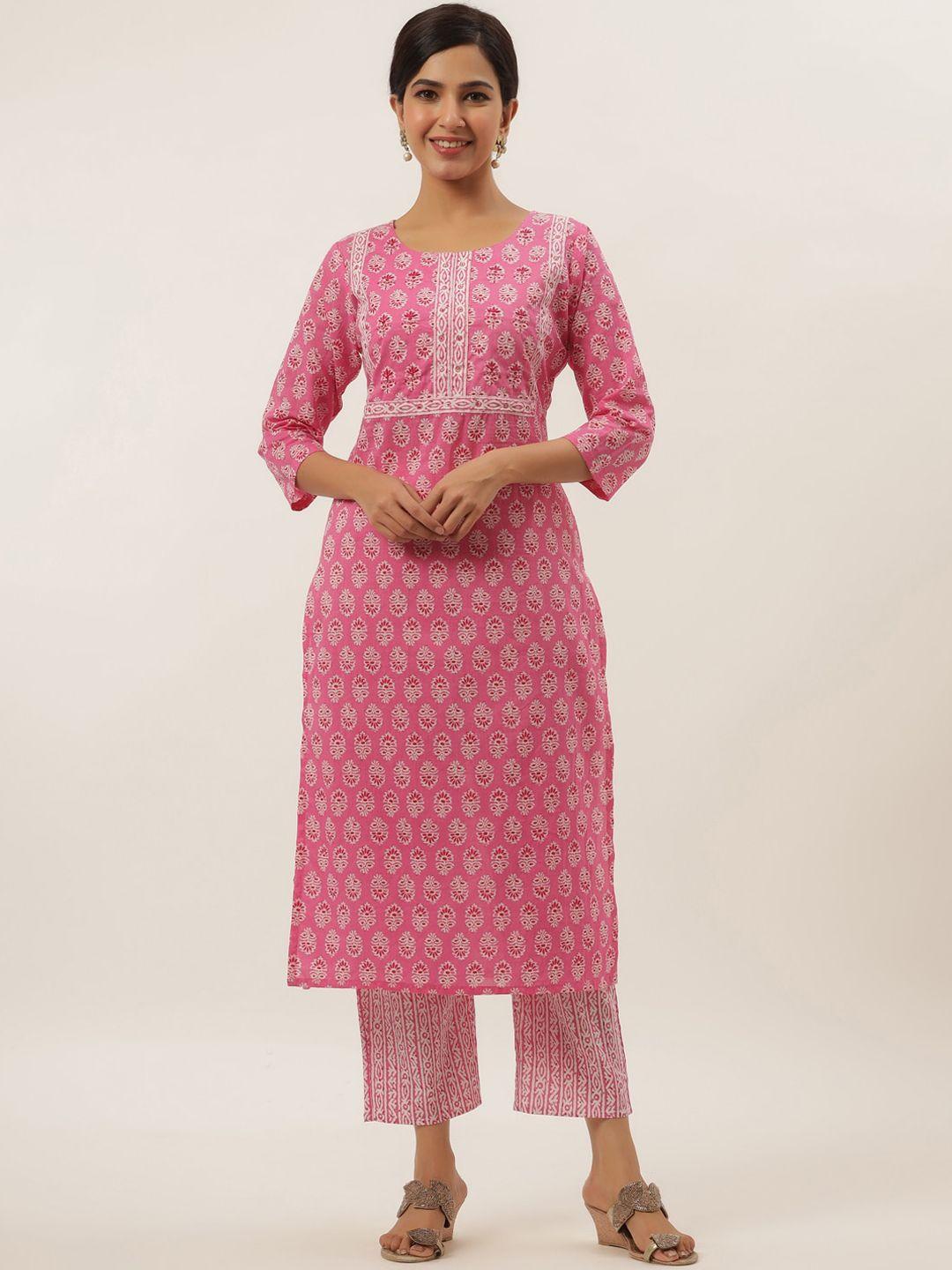 yufta women pink ethnic motifs printed sequinned pure cotton kurti with trousers