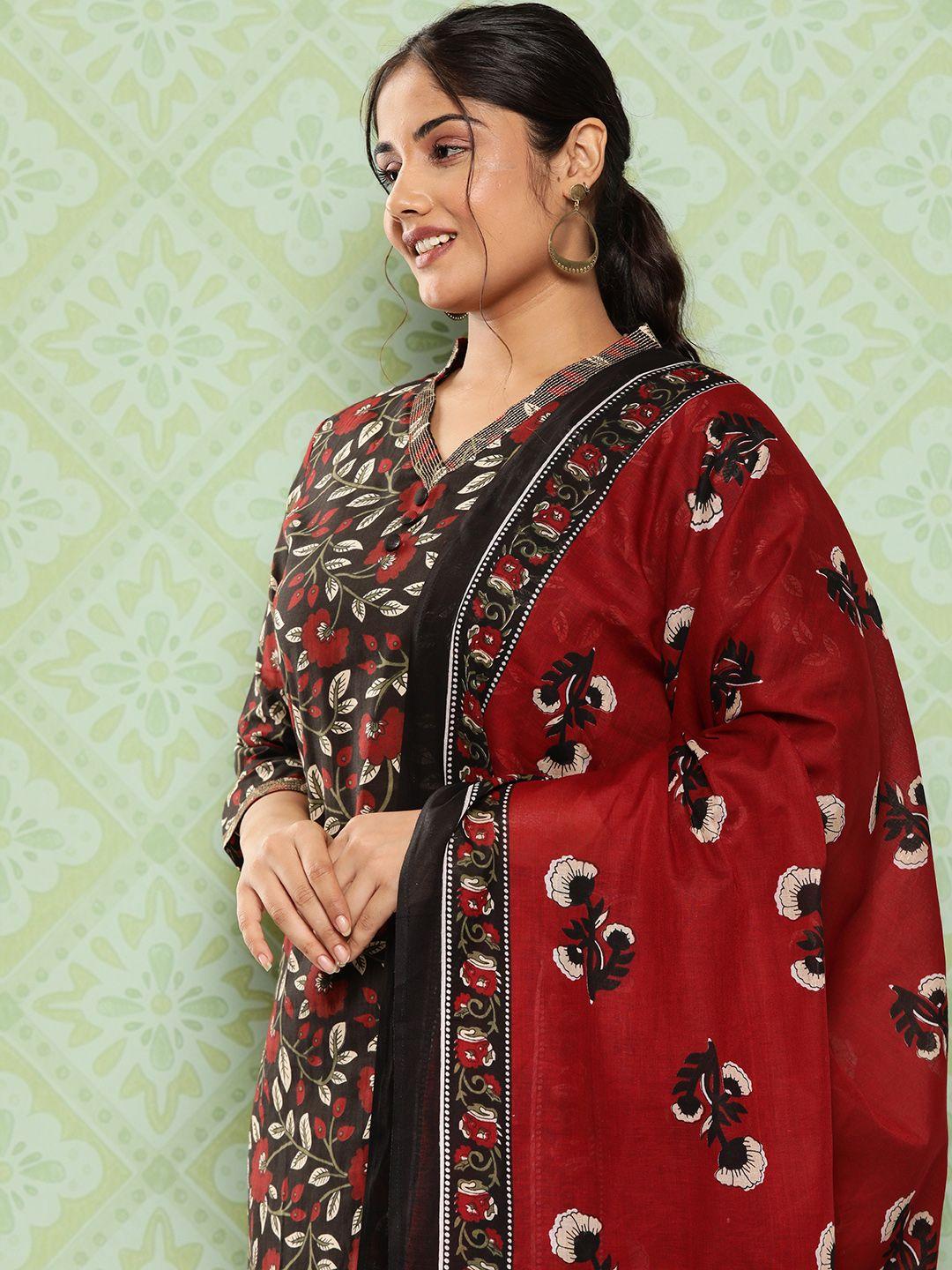 yufta women plus size floral printed pure cotton kurta with trousers & with dupatta