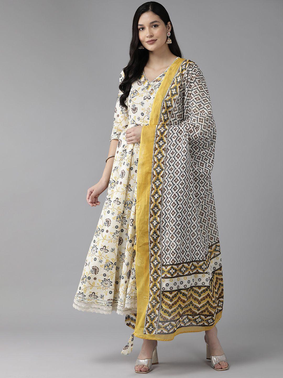 yufta women printed angrakha gotta patti pure cotton kurta with trousers & with dupatta