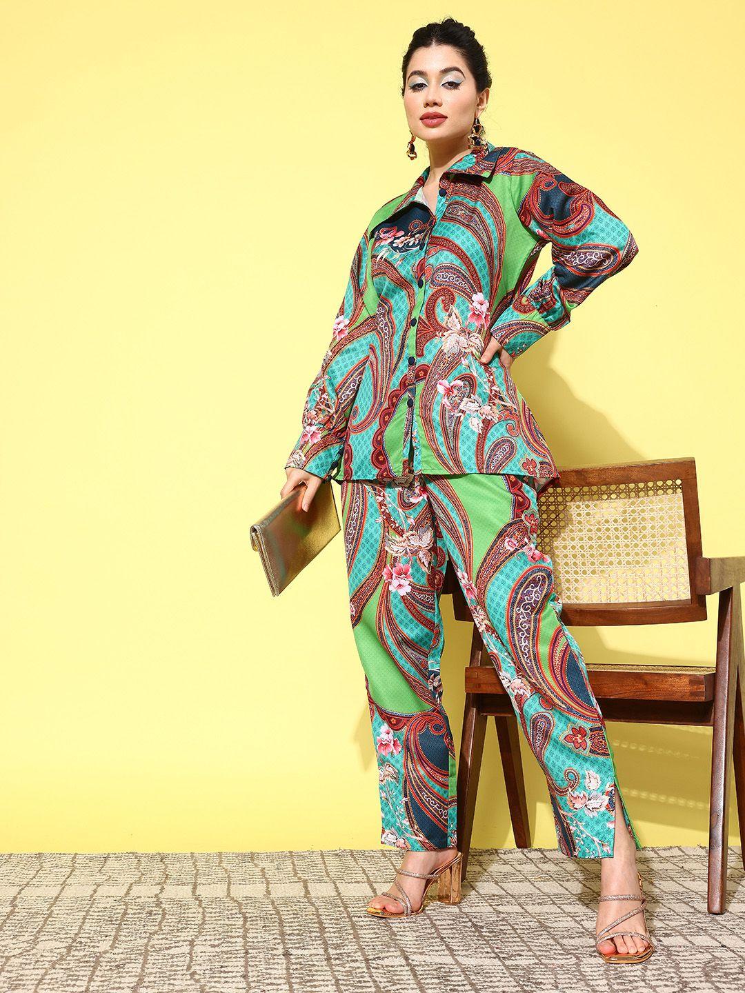 yufta women printed satin shirt with trousers