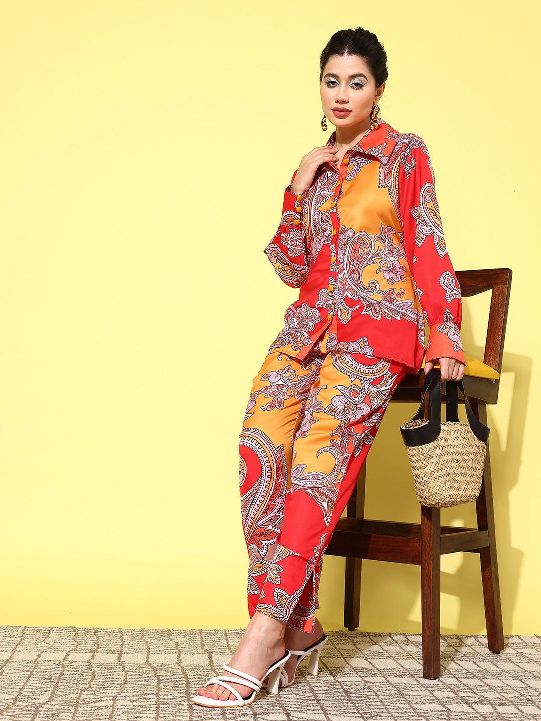 yufta women printed satin shirt with trousers