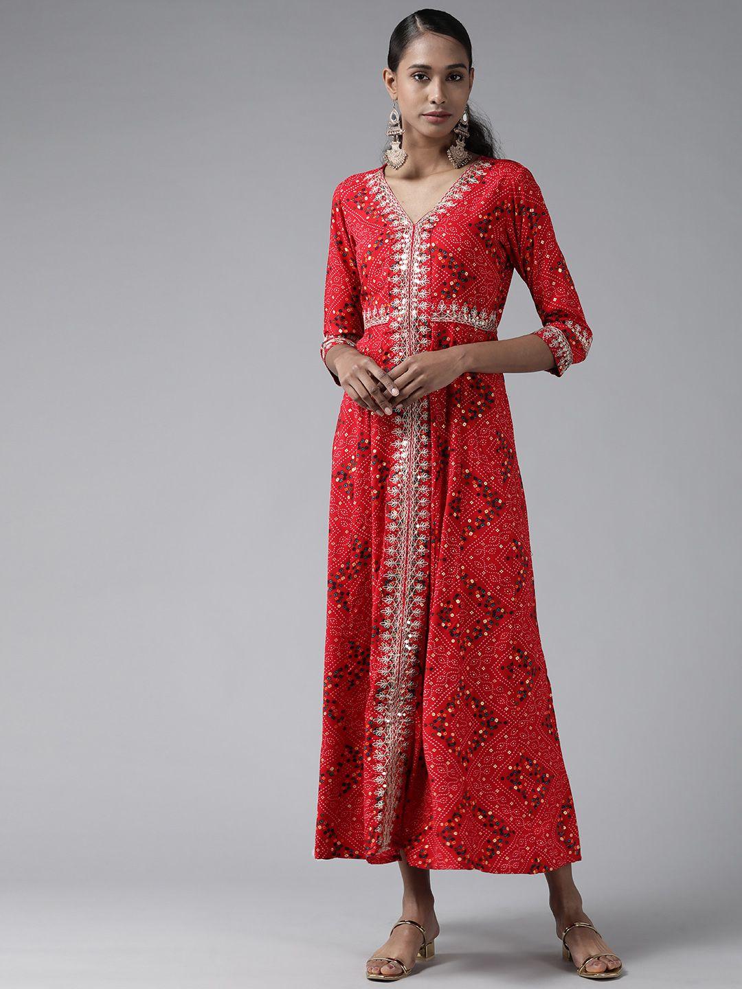 yufta women red & beige bandhani print maxi dress