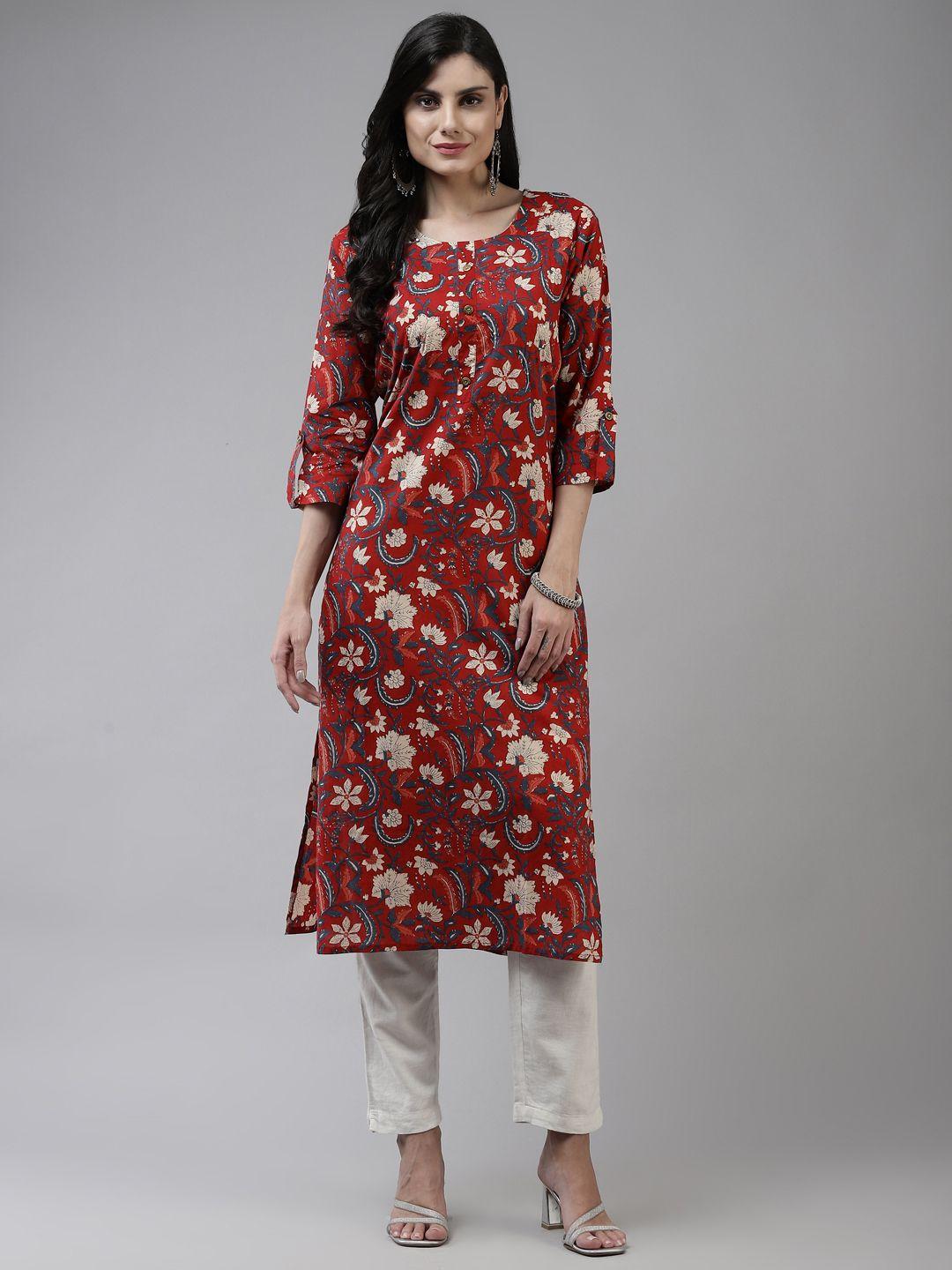 yufta women red & blue ethnic motifs printed cotton kurta