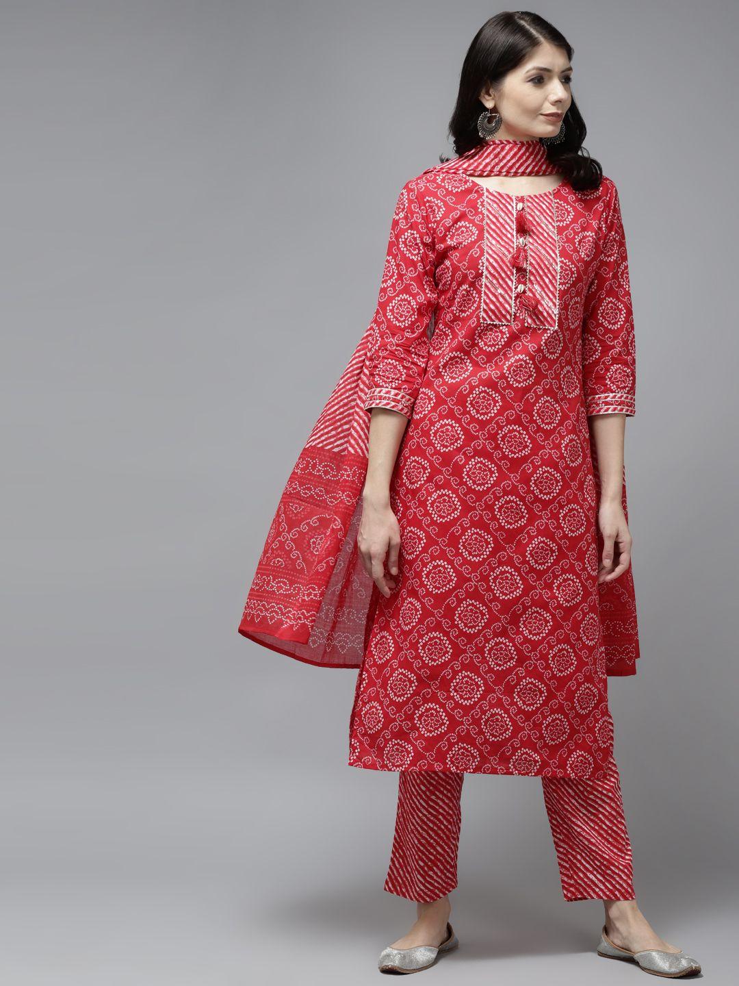 yufta women red bandhani embroidered thread work pure cotton kurta with trousers & with dupatta