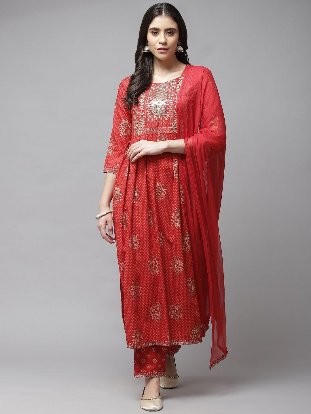 yufta women red bandhani print pure cotton kurta with trousers & dupatta