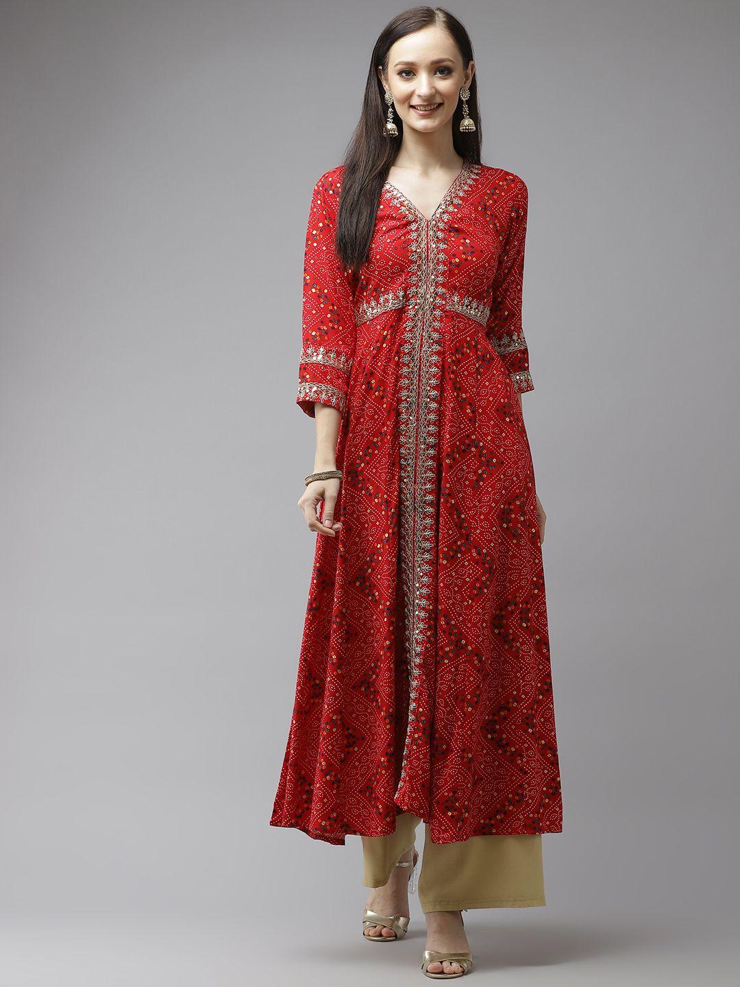 yufta women red bandhani printed flared sleeves kurta