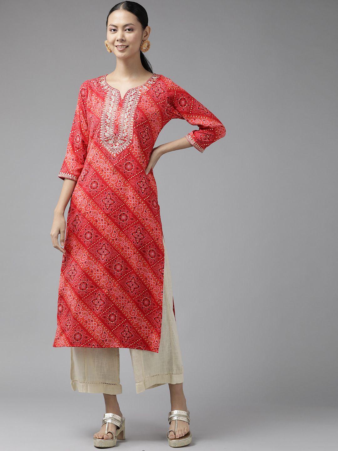 yufta women red bandhani printed gotta patti kurta