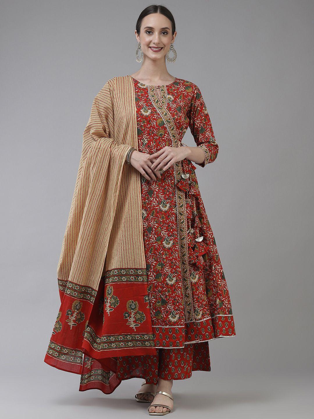yufta women red ethnic motifs printed angrakha pure cotton kurta with palazzos & dupatta