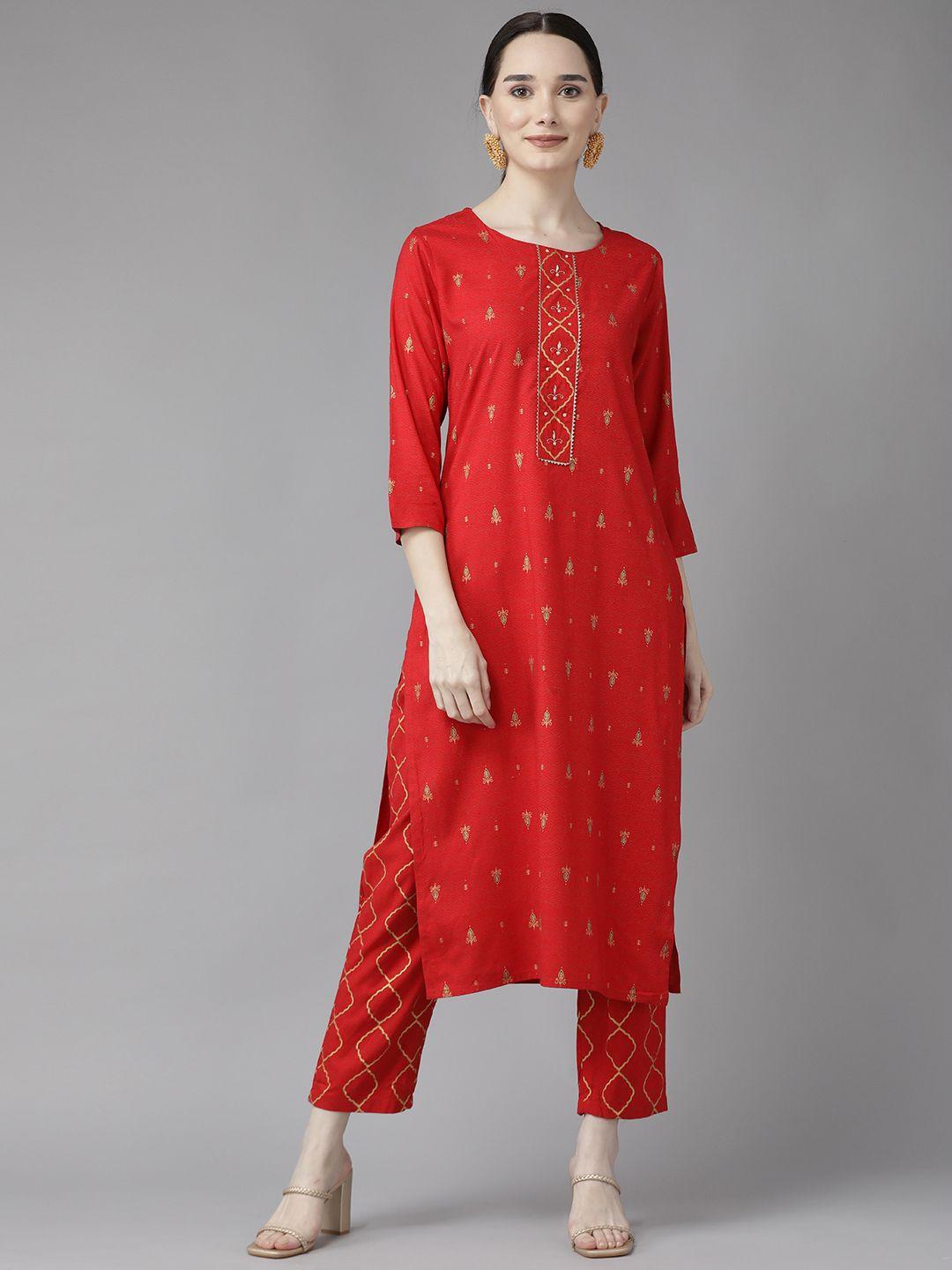 yufta women red ethnic motifs printed kurta with trousers