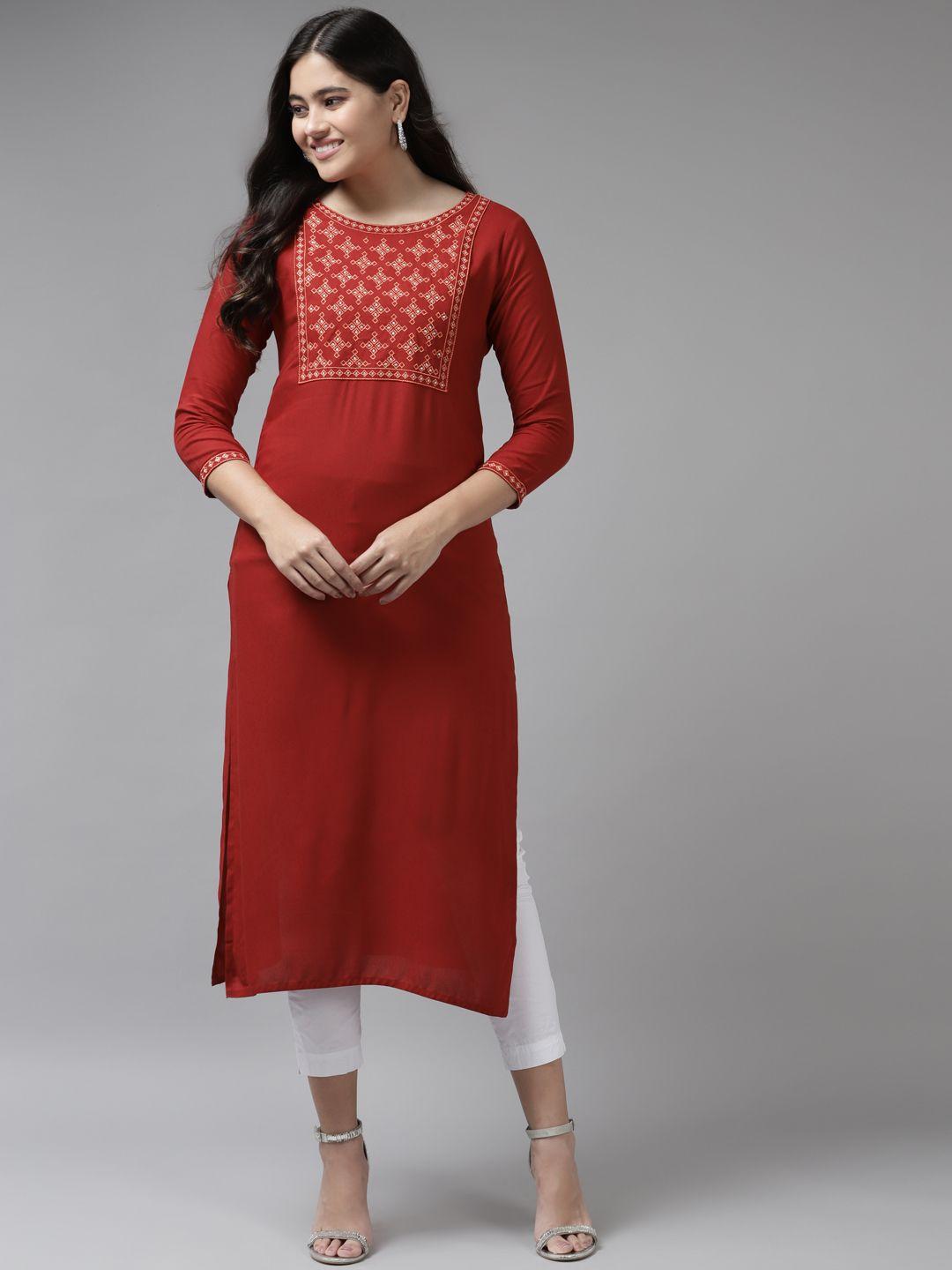 yufta women red ethnic motifs yoke design kurta