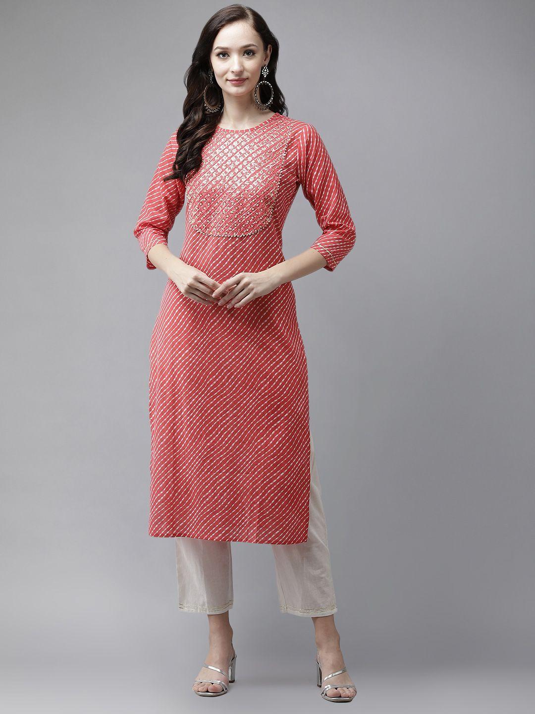 yufta women red leheriya printed regular pure cotton kurta with trousers
