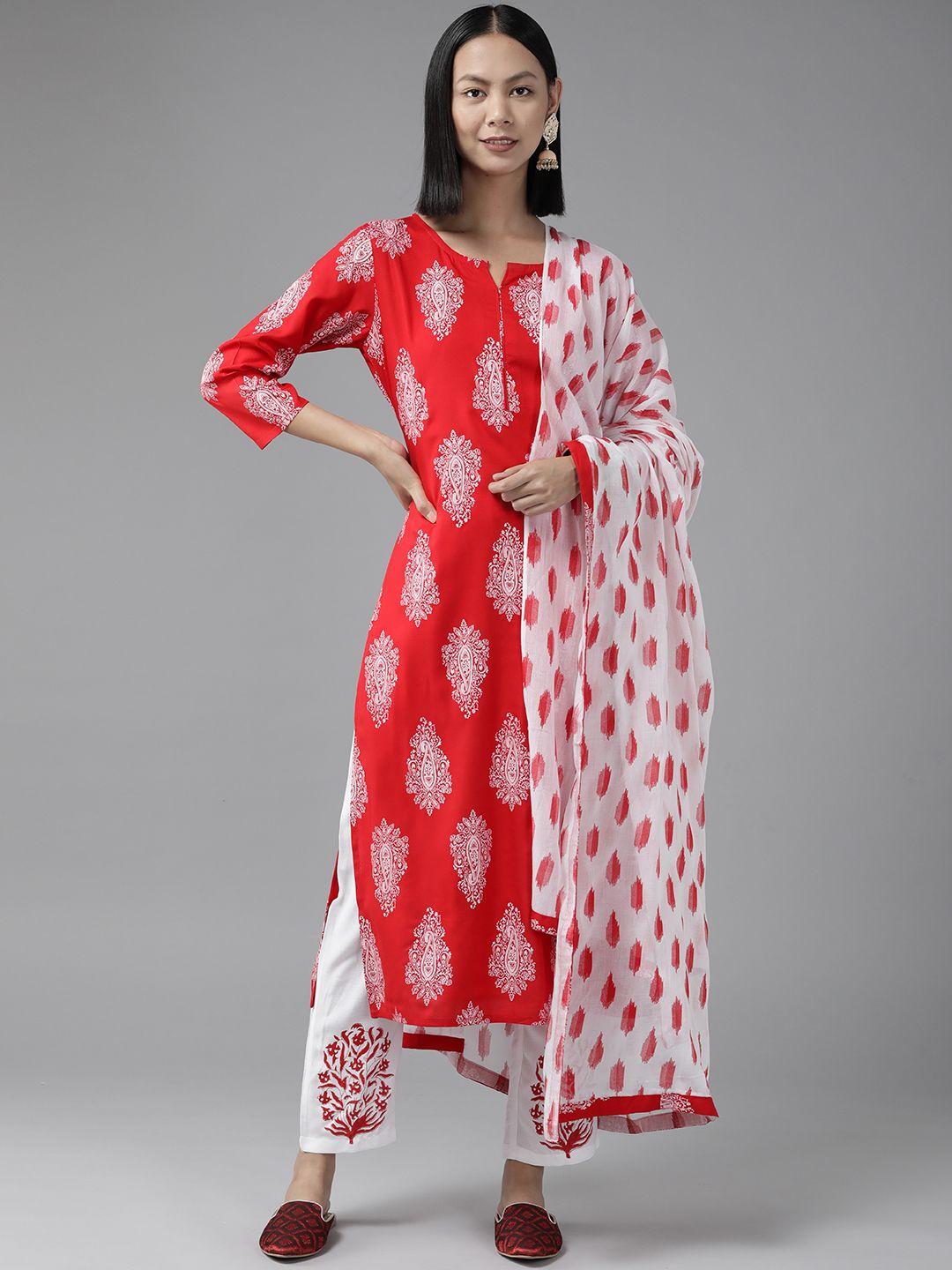 yufta women red paisley printed kurta with trousers & dupatta