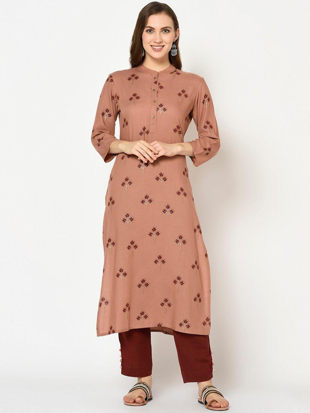 yufta women rust brown floral embroidered a-line kurta