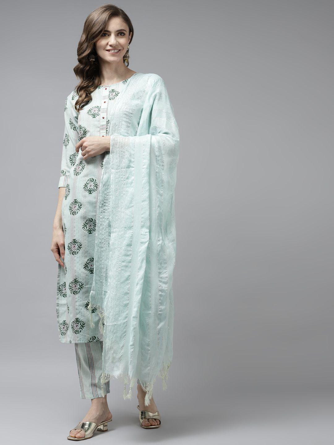 yufta women sea green ethnic motifs printed kurta with trousers & dupatta