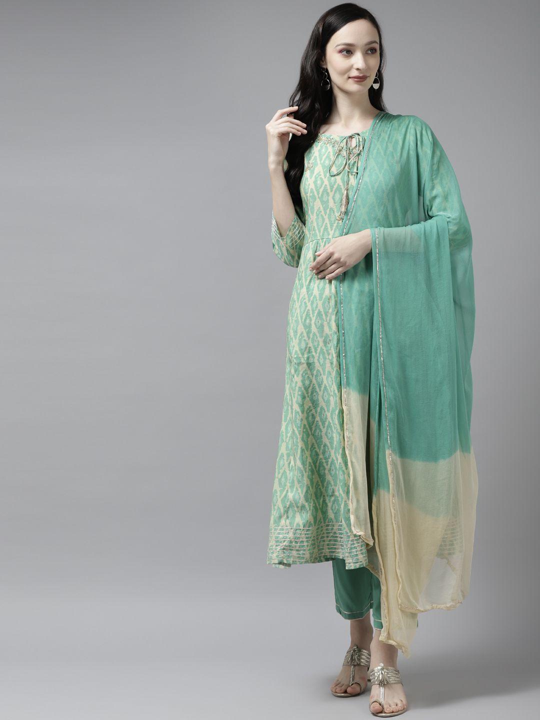 yufta women sea green printed thread work kurta with trousers & with dupatta