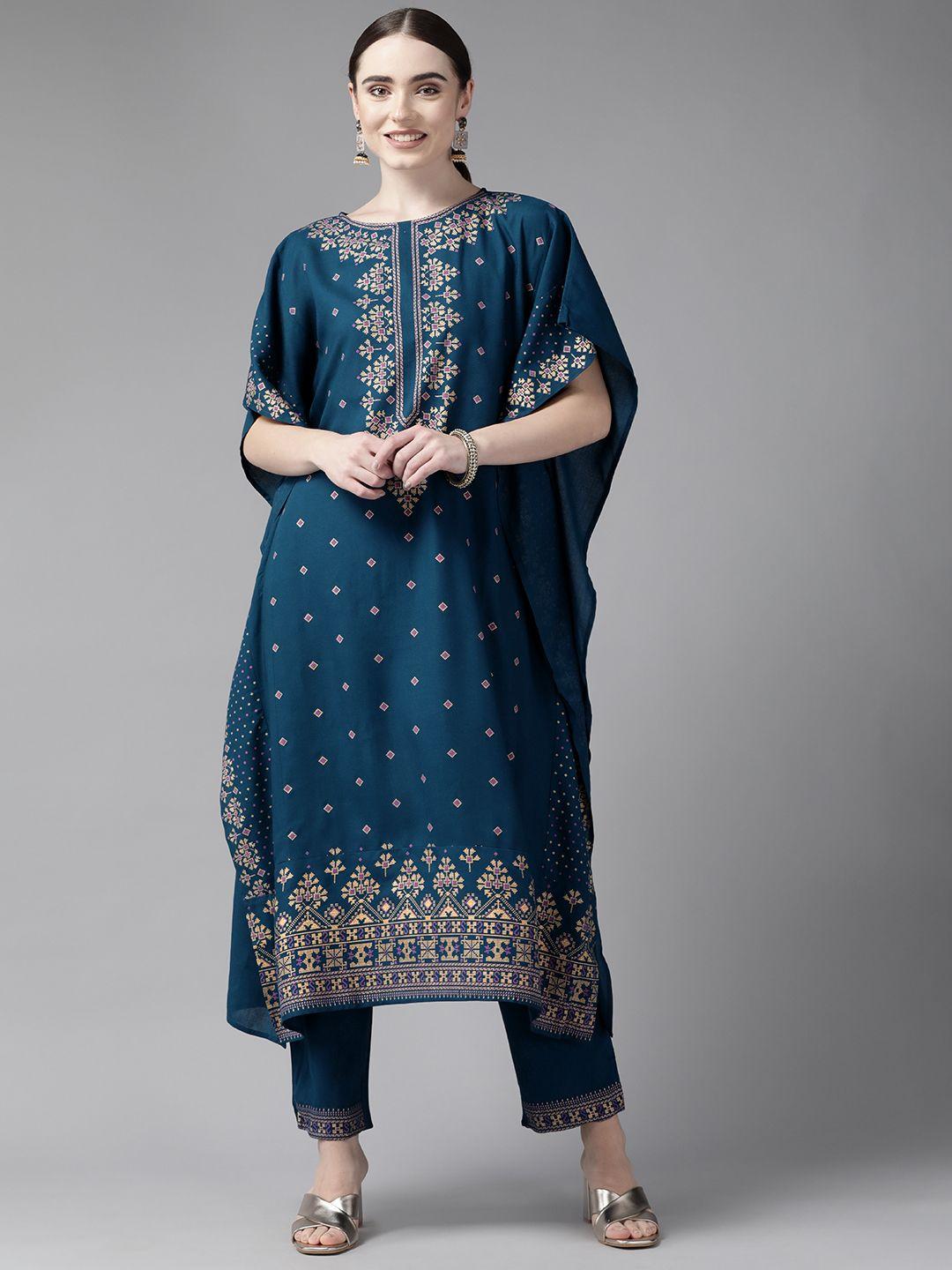 yufta women teal blue & beige ethnic motifs printed kaftan kurta with trousers