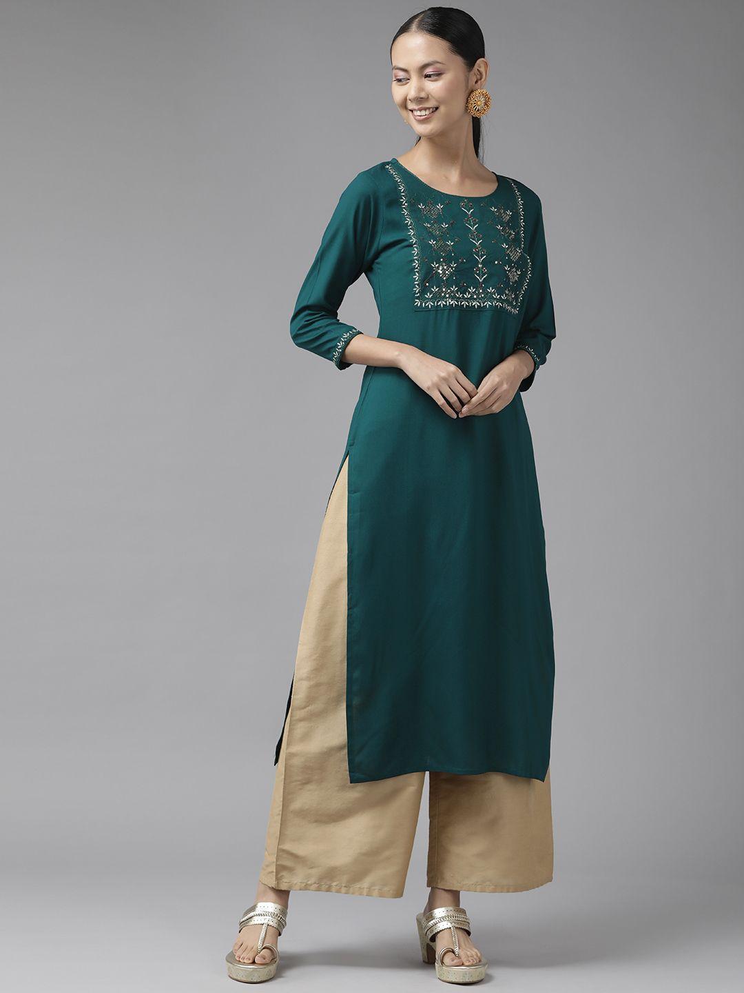 yufta women teal green embroidered kurta