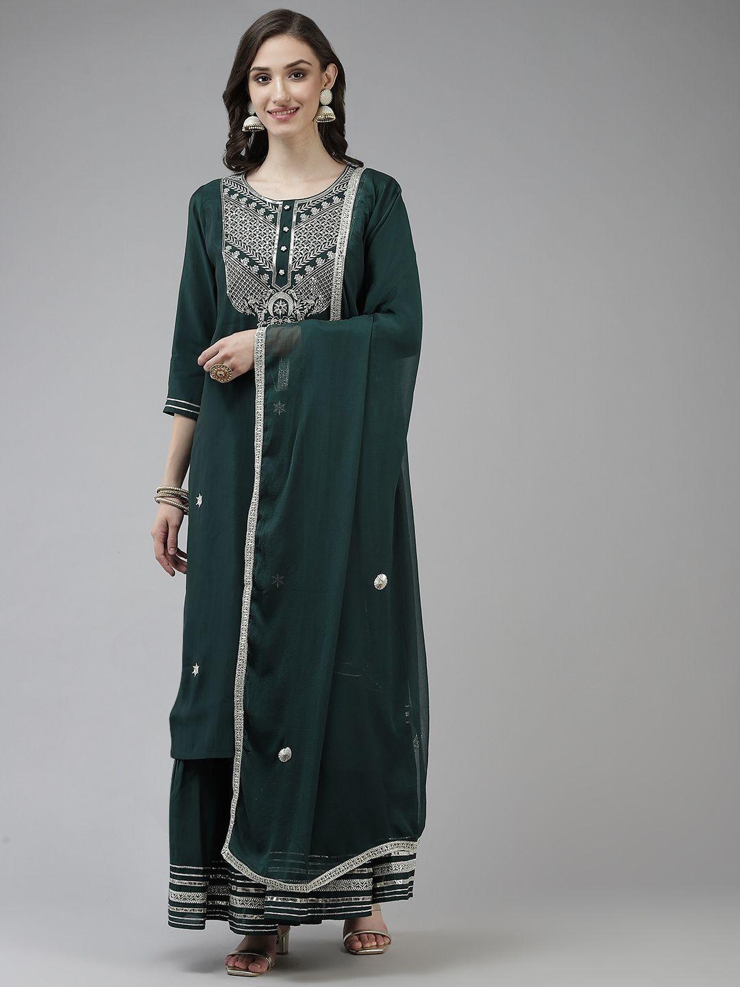 yufta women teal green ethnic motifs yoke design sequinned kurta with sharara & dupatta