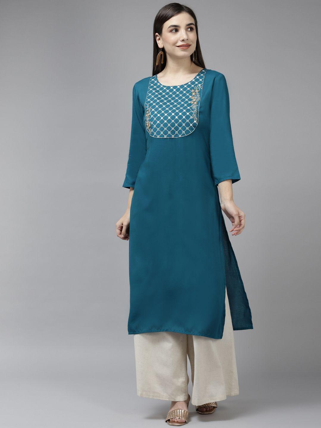 yufta women teal yoke design mirror work kurta