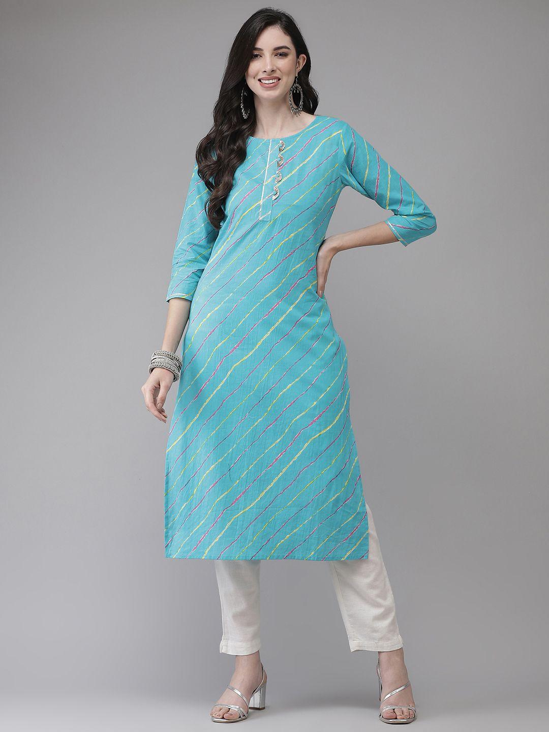 yufta women turquoise blue & multicoloured leheriya printed gotta patti kurta