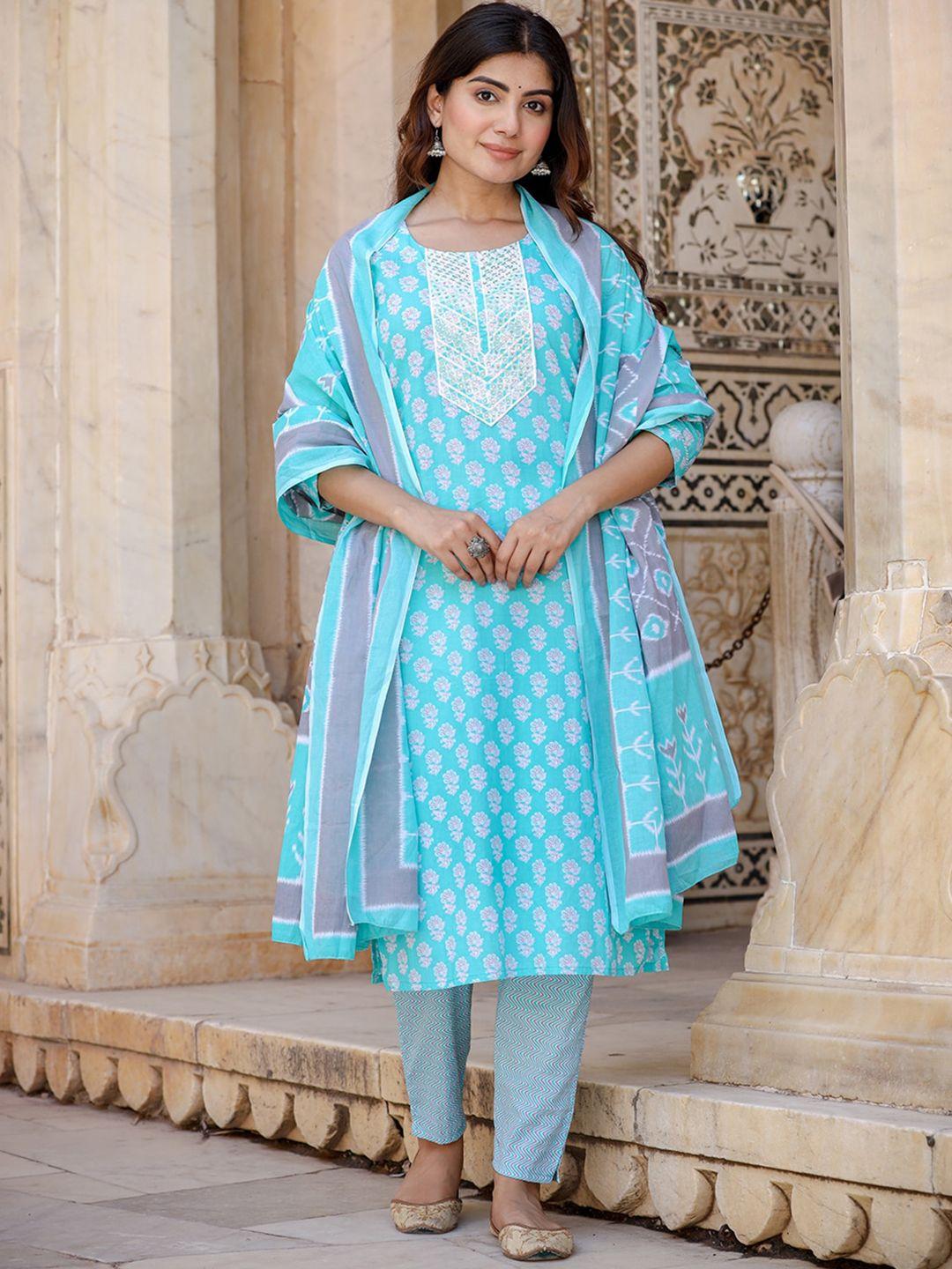 yufta women turquoise blue floral printed regular thread work pure cotton kurta with trousers & with dupatta