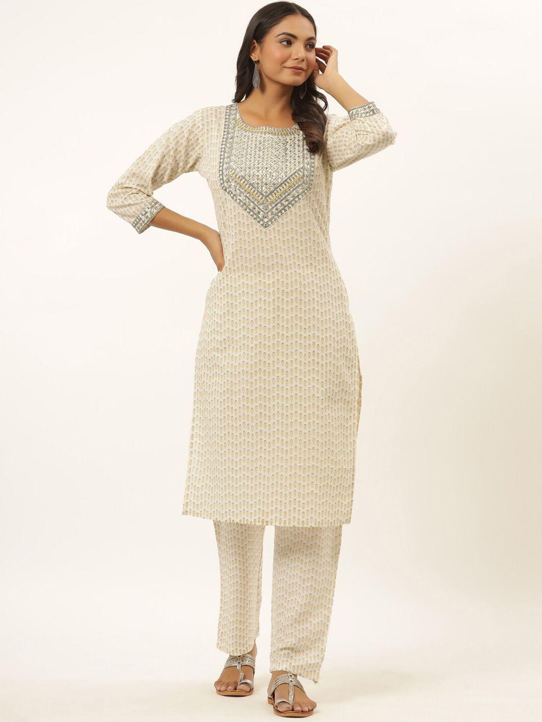 yufta women white embroidered sequinned kurti with trousers