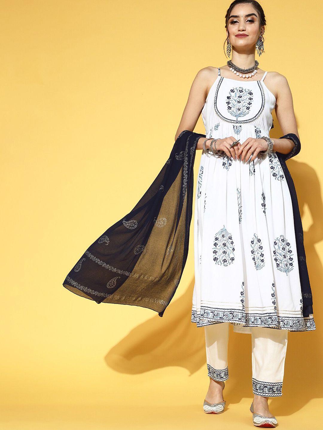 yufta women white ethnic motifs embroidered high slit gotta patti kurti with trousers & with dupatta