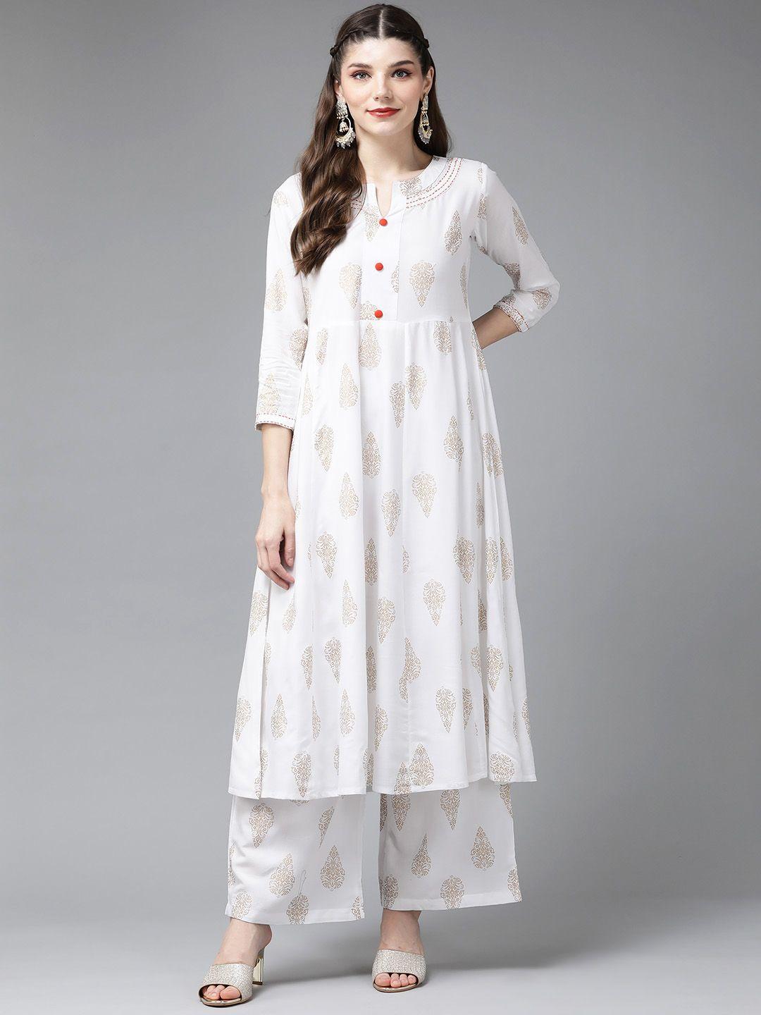 yufta women white ethnic motifs printed panelled kantha work kurta with palazzos