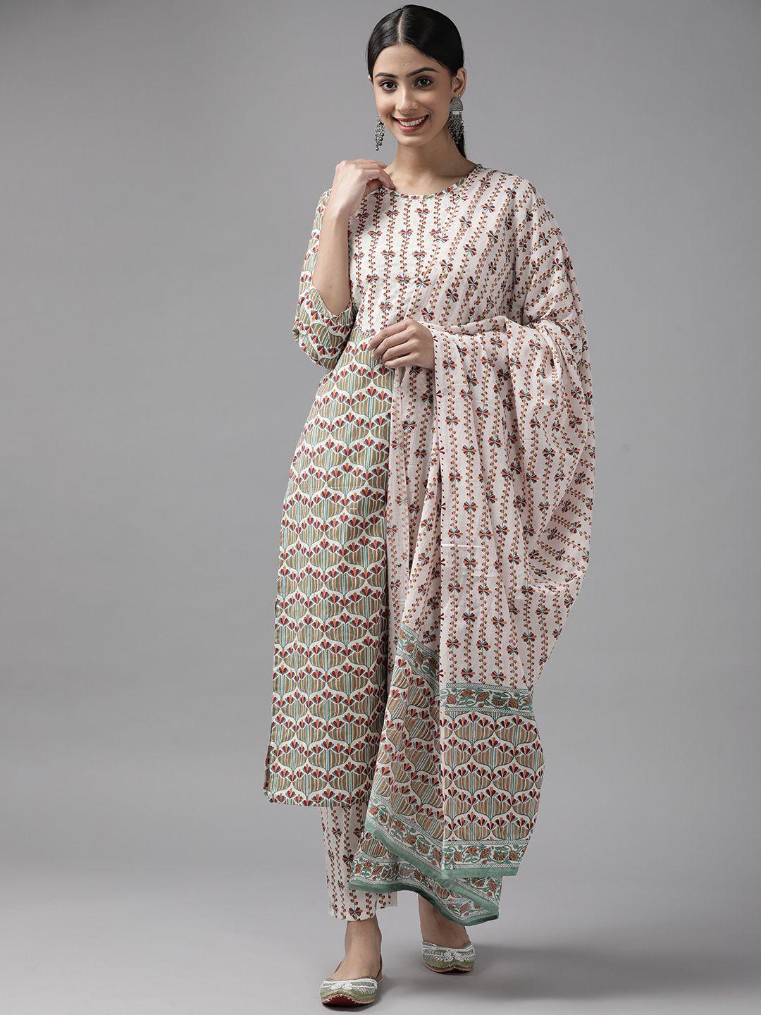 yufta women white printed pure cotton kurta with trousers & with dupatta