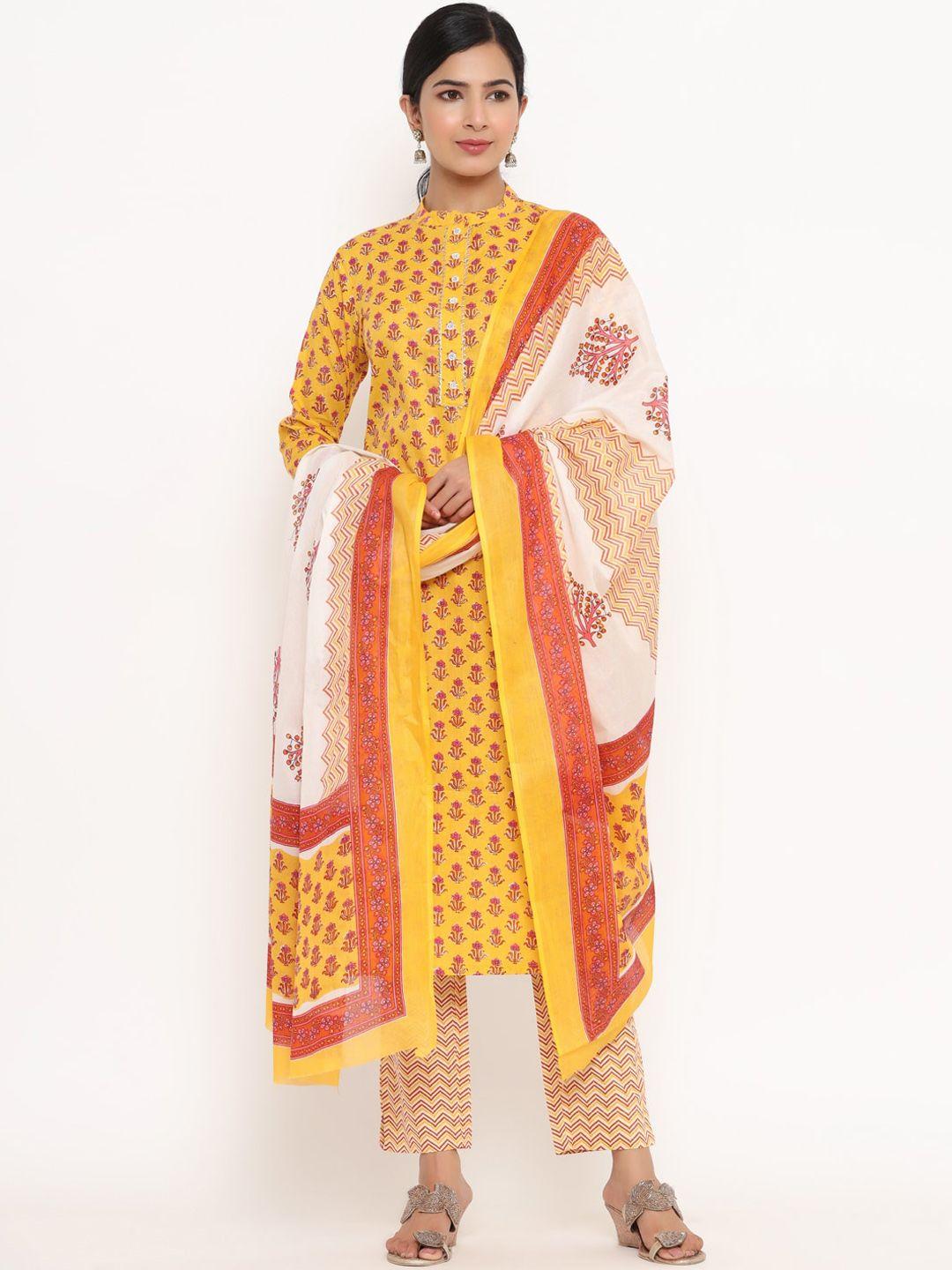 yufta women yellow ethnic motifs printed pleated gotta patti pure cotton kurta with trousers & with dupatta