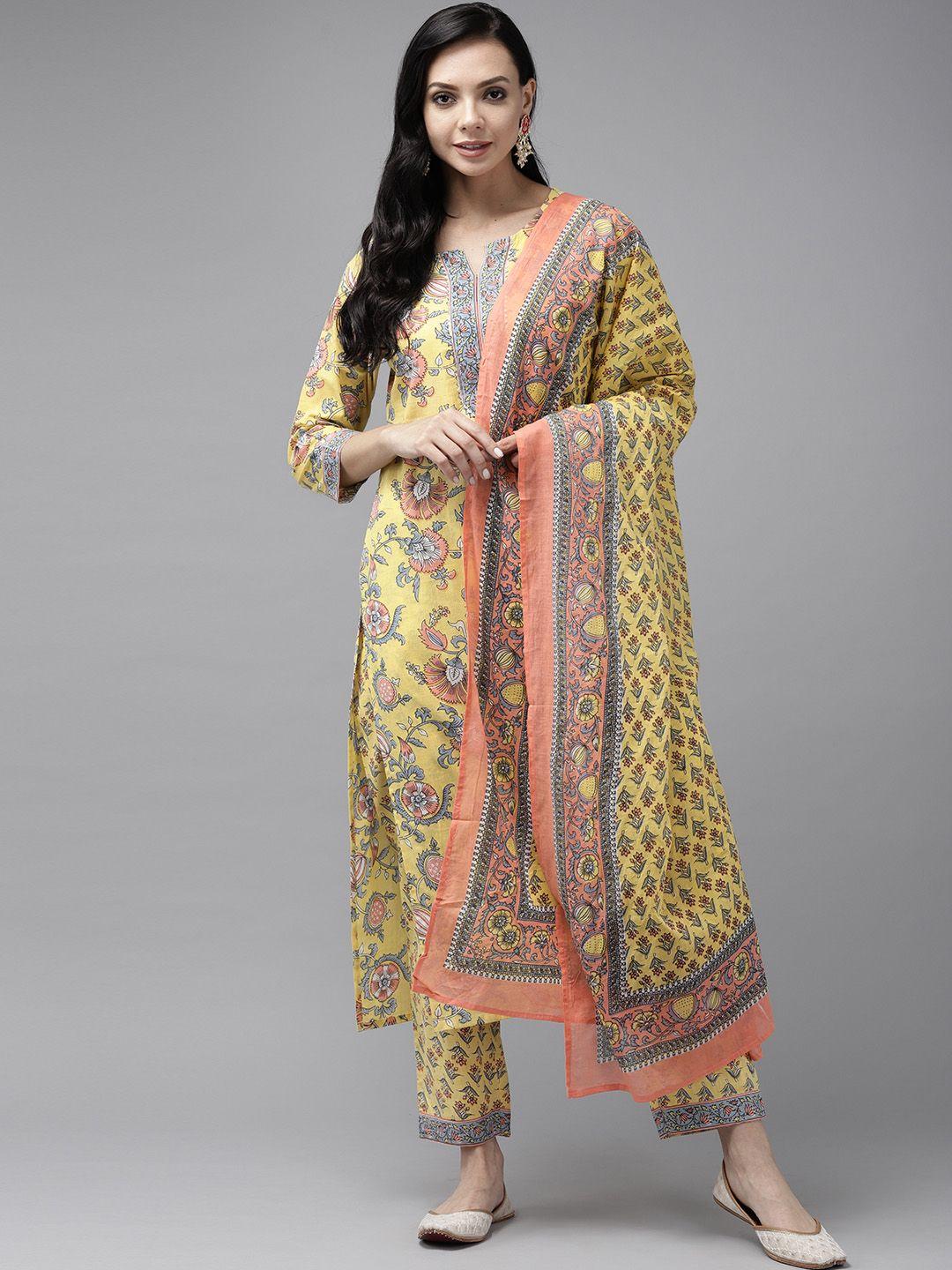 yufta women yellow floral printed regular pure cotton kurta with palazzos & with dupatta