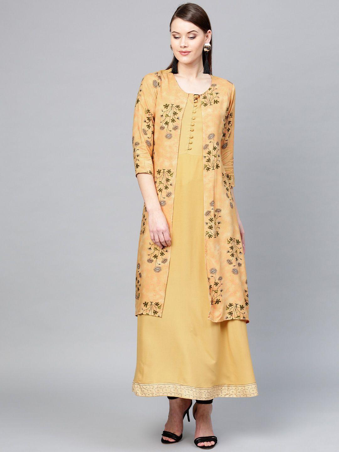 yufta women yellow printed layered a-line kurta